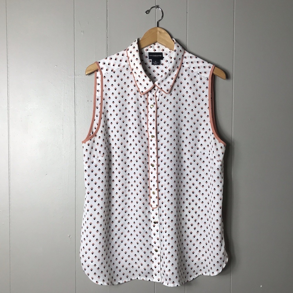 LIZ CLAIBORNE CAREER GEOMETRIC PATTERN SLEEVELESS BUTTON DOWN SHIRT WOMENS XL